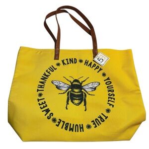 NEW Bee Tote Bag Canvas Bright Yellow Tan Handles Black Print Happy Kind Humble